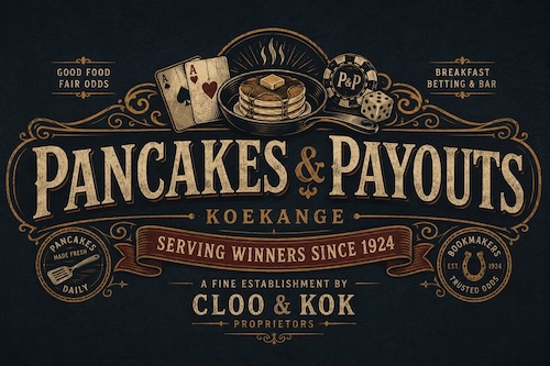 Pancakes & Payouts — Koekange. Serving Winners Since 1924. A fine establishment by Cloo & Kok, proprietors.